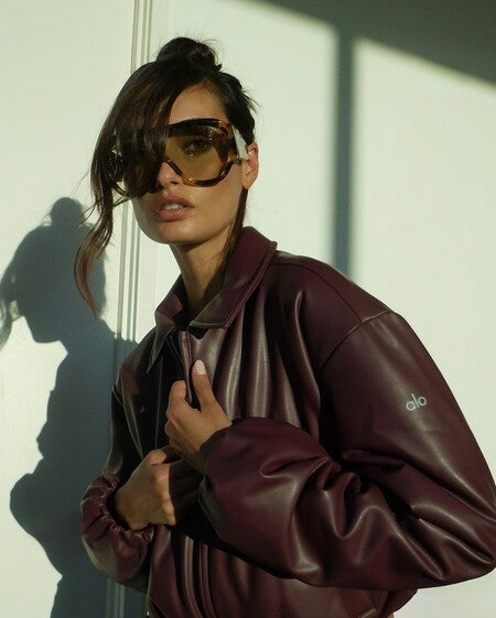 image by giizeleoliveira containing woman, sunglasses, wear, goggles, leather jacket